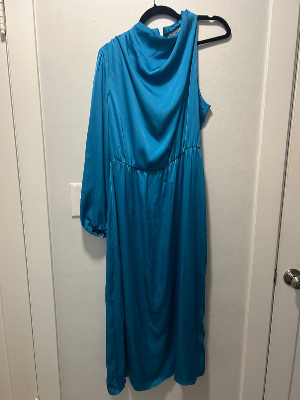 Teal One-Shoulder Satin Maxi Dress